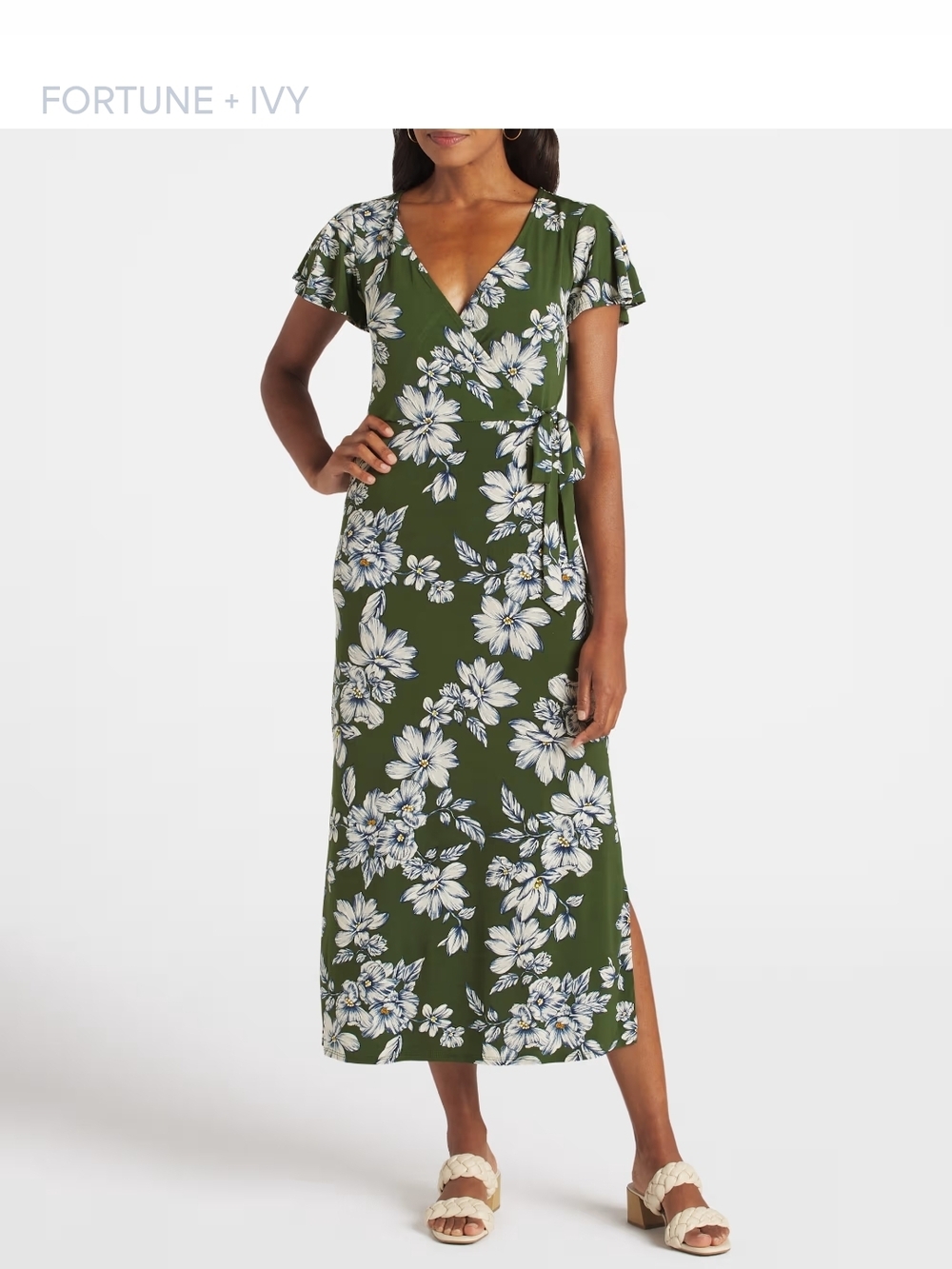 Fortune + Ivy Olive Floral Wrap Maxi Dress